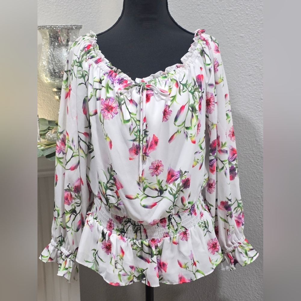 INC White and Pink Ruffled Peplum Blouse